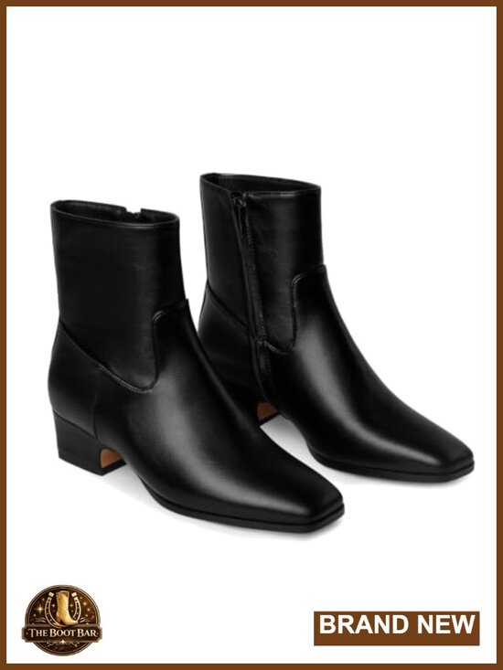 Shoes - Women's Square Toe Ankle Boots Low Chunky Block Heel PU Side Zipper Booties